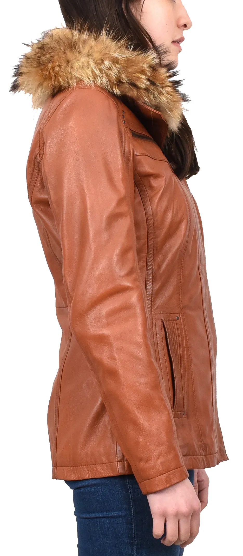 Women's Leather Jacket with Detachable Collar Cognac Allis
