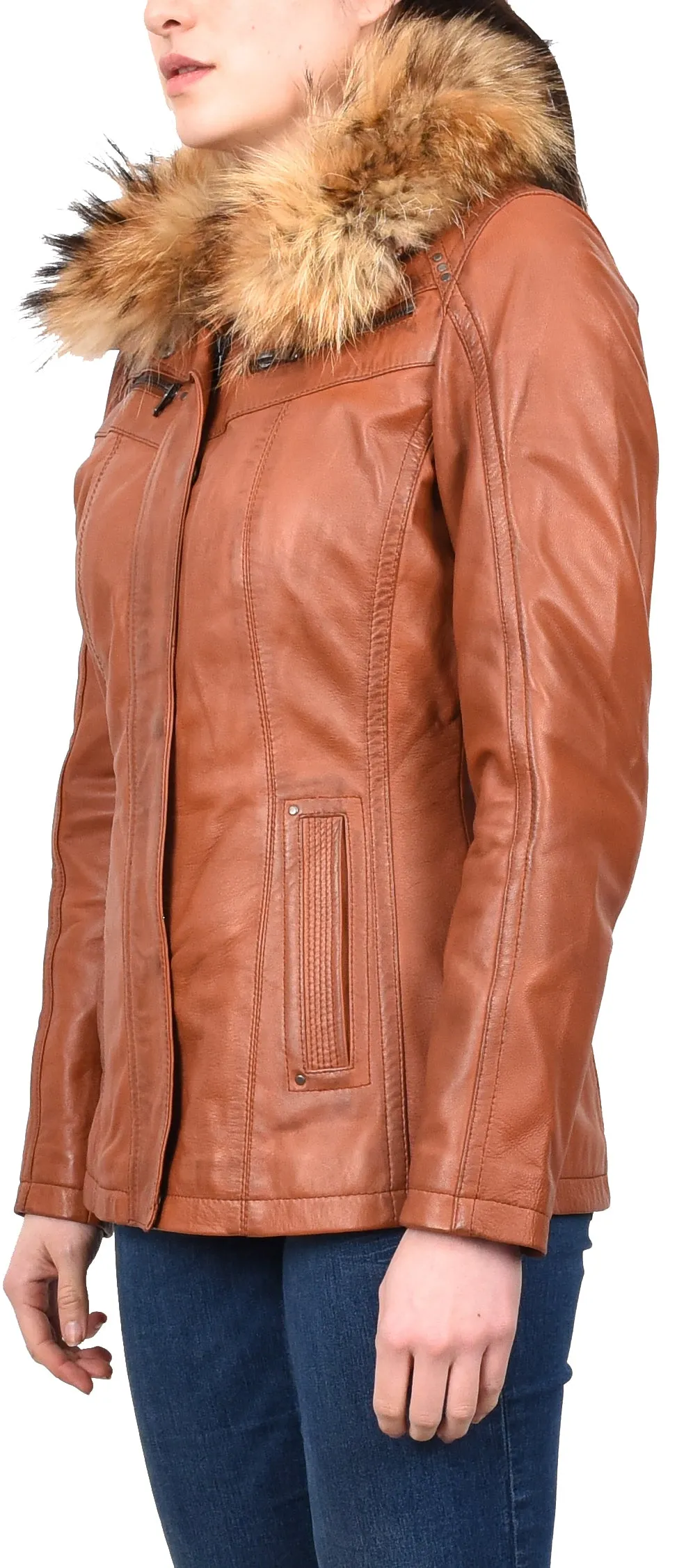 Women's Leather Jacket with Detachable Collar Cognac Allis