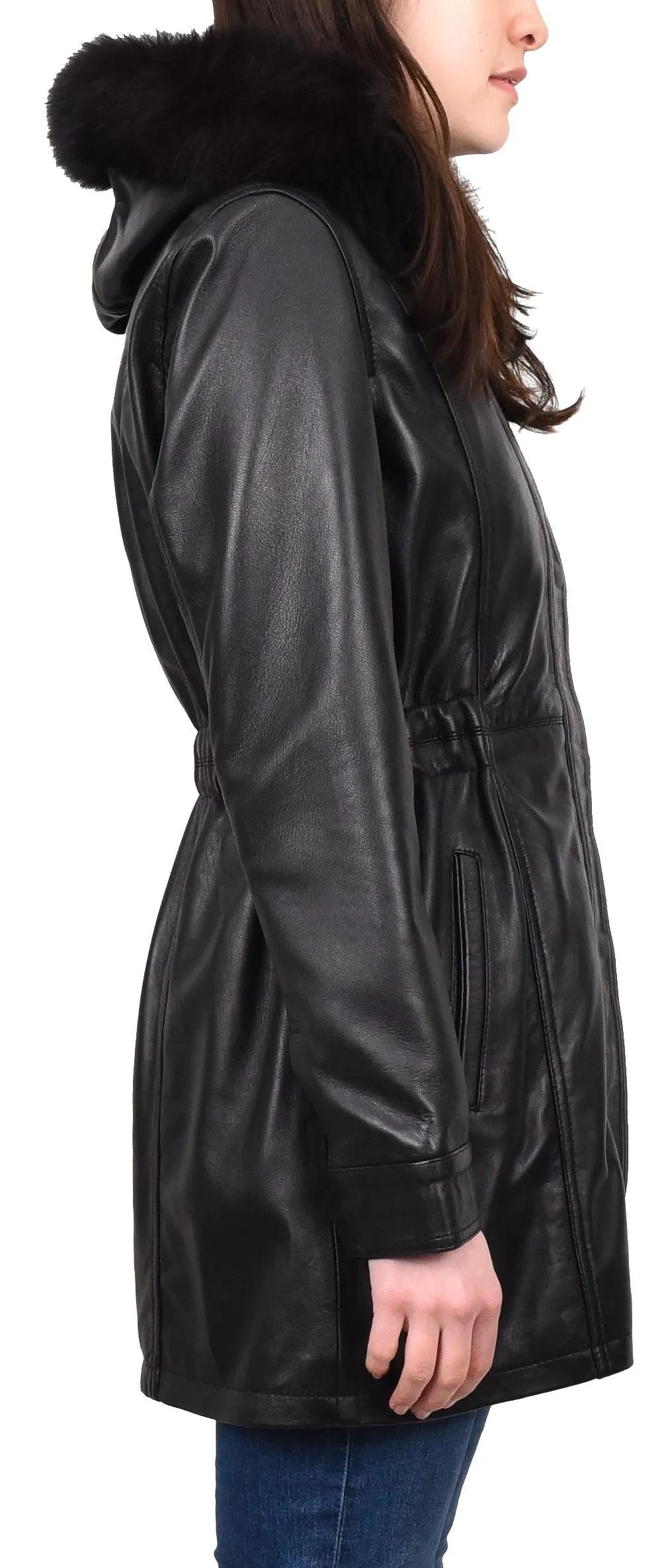 Women's Long Real Leather Coat Detachable Hood with Fur Black Aerify