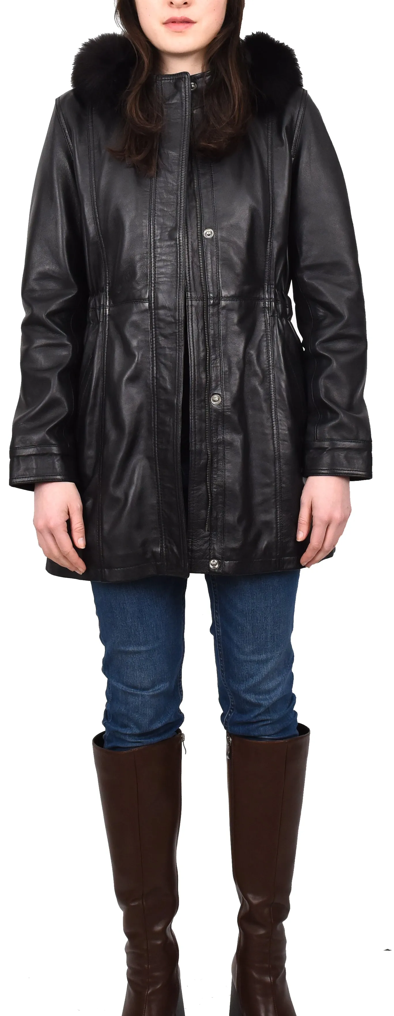 Women's Long Real Leather Coat Detachable Hood with Fur Black Aerify