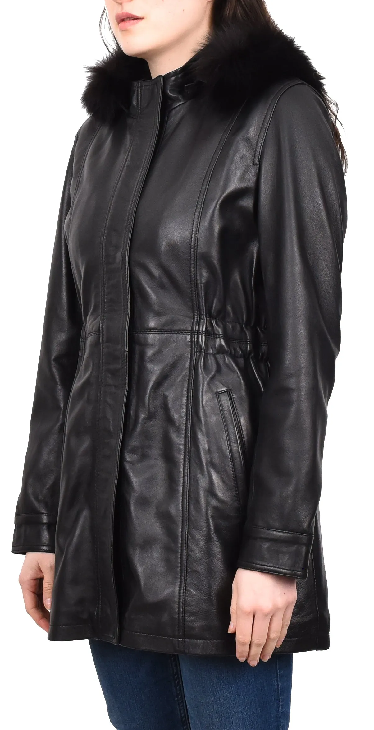 Women's Long Real Leather Coat Detachable Hood with Fur Black Aerify