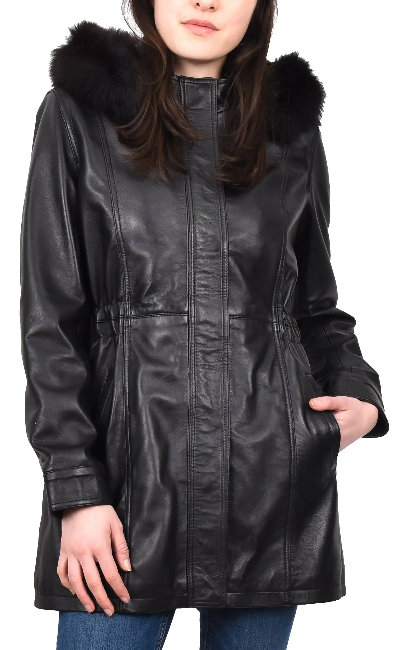 Women's Long Real Leather Coat Detachable Hood with Fur Black Aerify