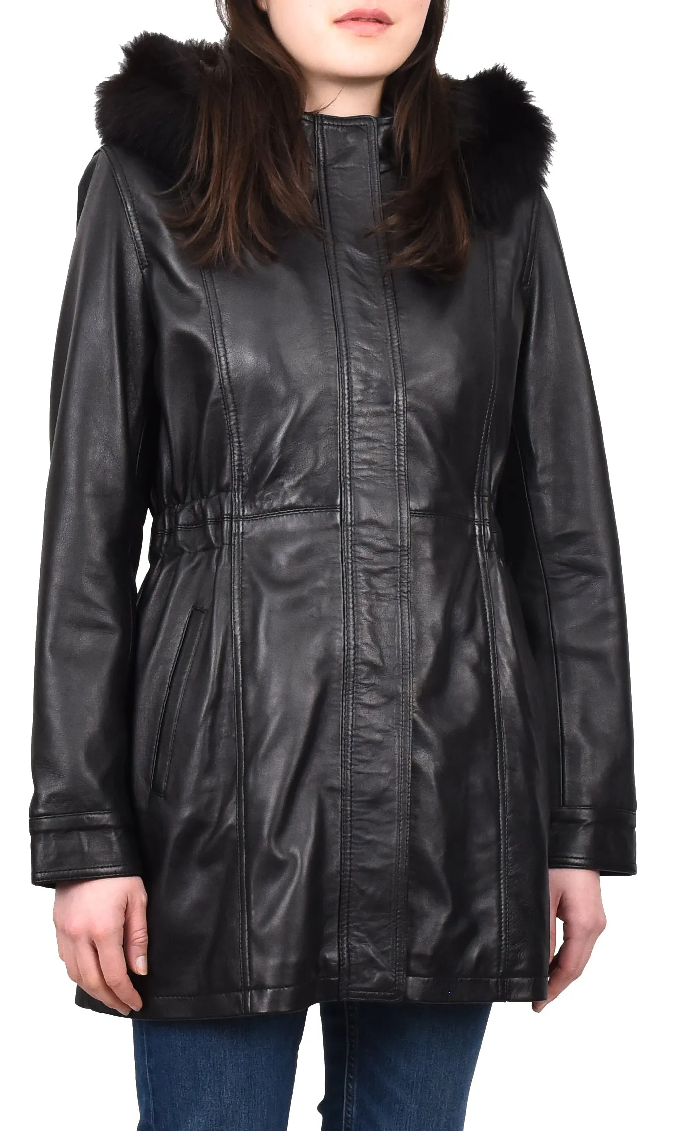 Women's Long Real Leather Coat Detachable Hood with Fur Black Aerify