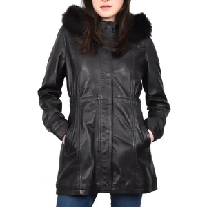 Women's Long Real Leather Coat Detachable Hood with Fur Black Aerify