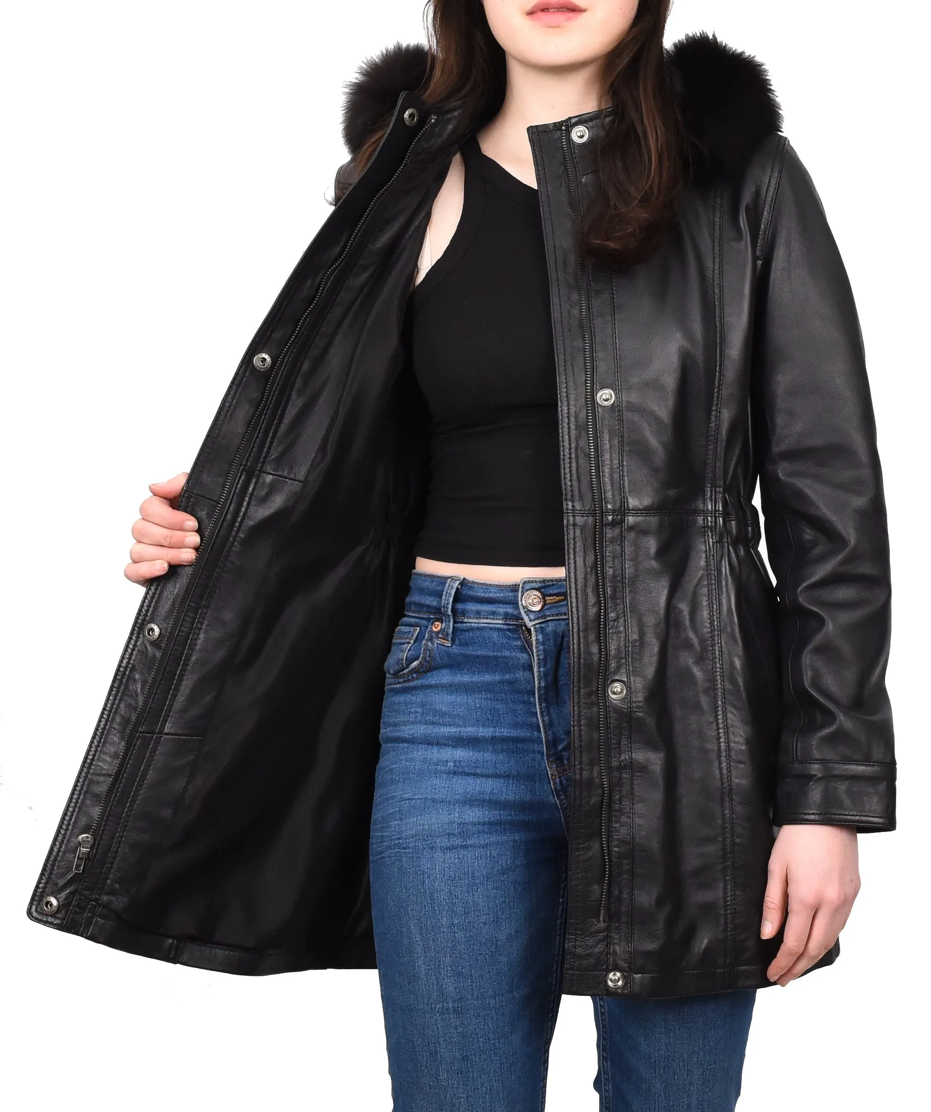 Women's Long Real Leather Coat Detachable Hood with Fur Black Aerify