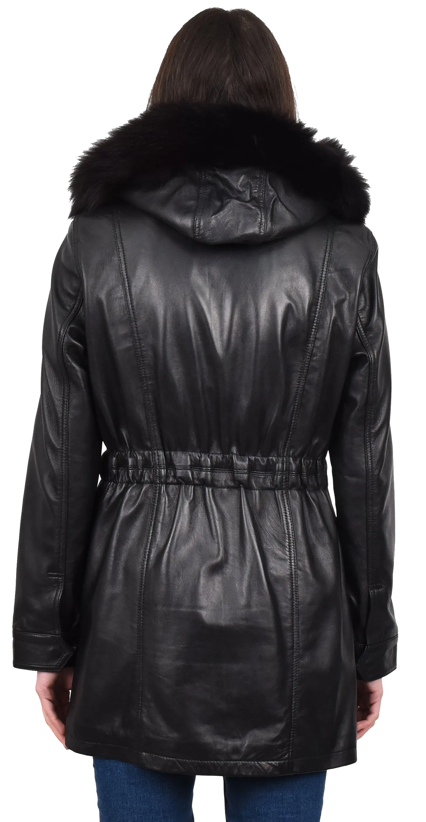 Women's Long Real Leather Coat Detachable Hood with Fur Black Aerify