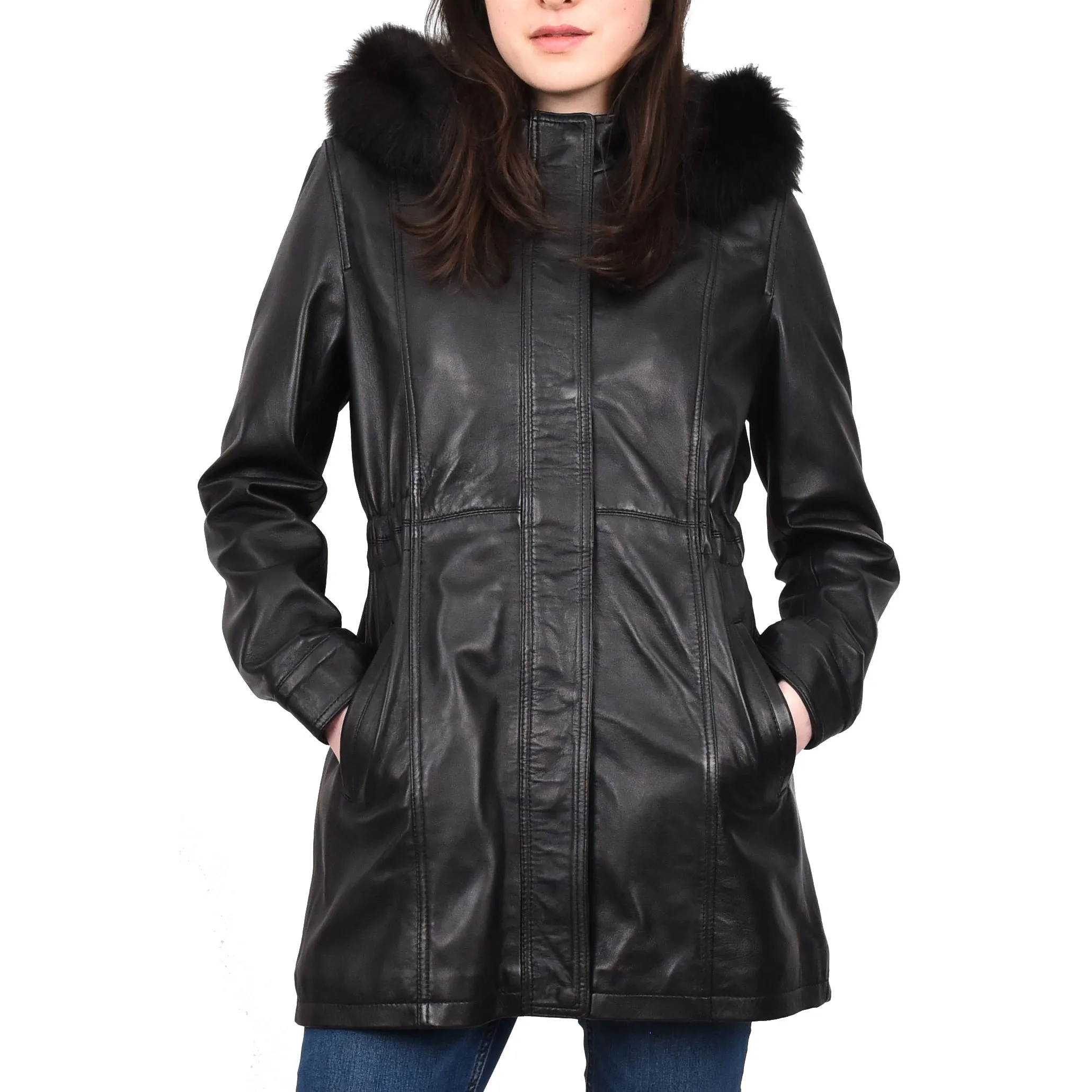 Women's Long Real Leather Coat Detachable Hood with Fur Black Aerify