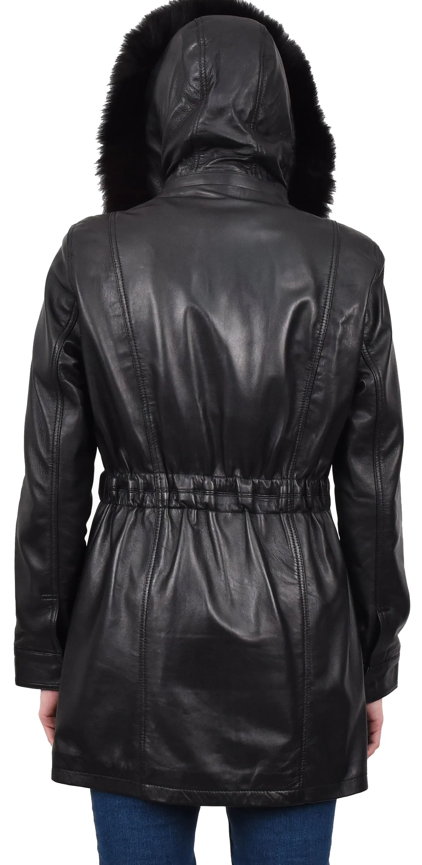 Women's Long Real Leather Coat Detachable Hood with Fur Black Aerify