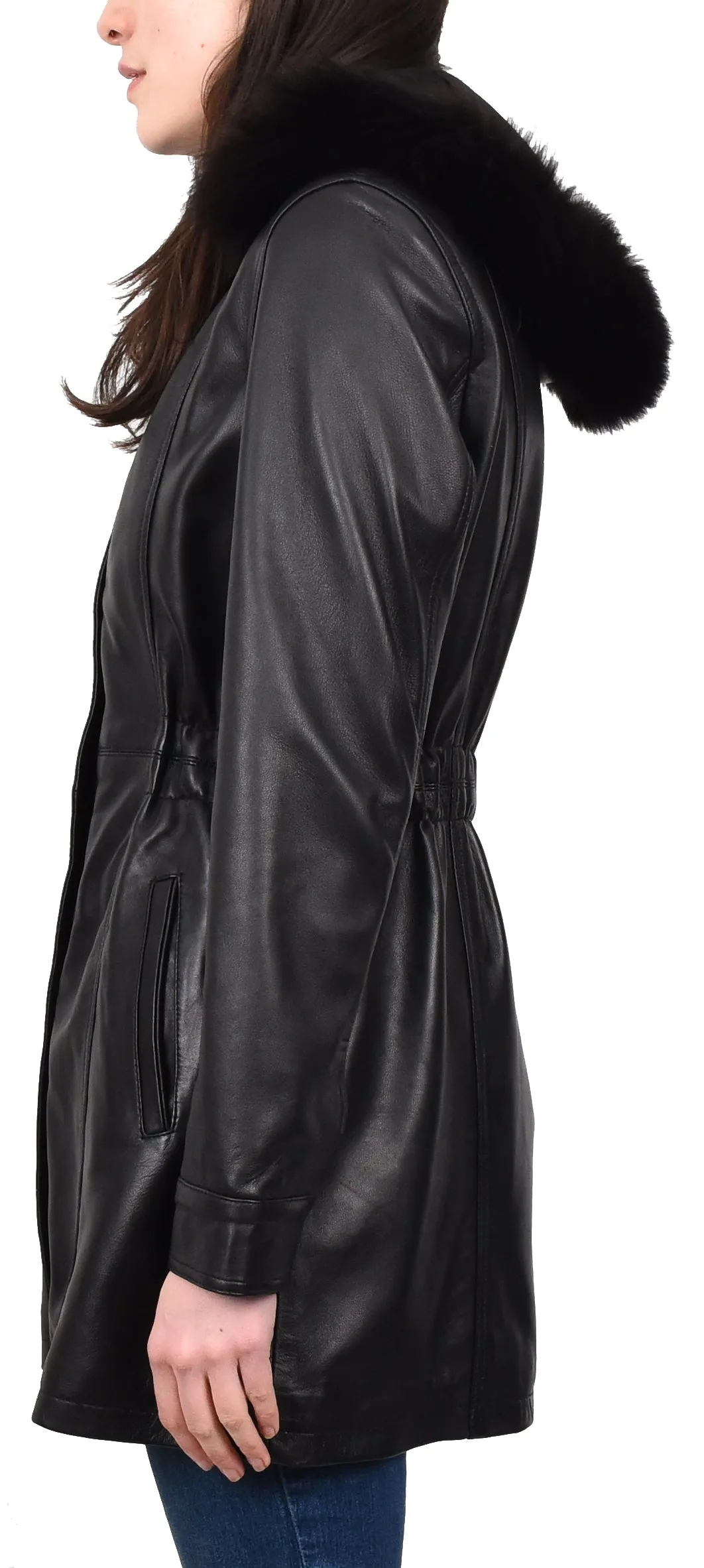 Women's Long Real Leather Coat Detachable Hood with Fur Black Aerify